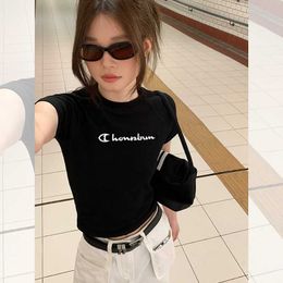 Champion Rainbow Pure Cotton Black Short sleeved T-shirt Womens Slimming 2023 Summer Spicy Girl Slim Fit Short Shoulder T-shirt Top