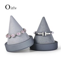 Tools Oirlv Highend Grey PU Leather Bracelet Display Stand Bangle Storage Rack with Microfiber Jewellery Display Holder Cones