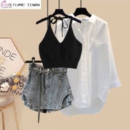 Sets Spring and Summer Suit Women's 2023 New Korean Fashion Casual Shirt Tank Top Age Reducing Jeans Skirt Threepiece Set