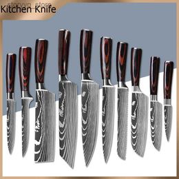 Kitchen Knives 1-10Pcs Chef Knife Laser Damascus Stainless Steel Kitchen Knives Japanese Santoku Fish Slicing Meat Cleaver Cooking Cutter Tools Q240226