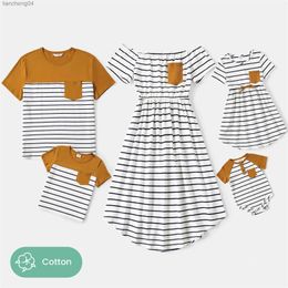 Family Matching Outfits Pa Family Matching Outfits 95% Cotton Striped Off Shoulder Belted Dresses and Short-sleeve Colorblock T-shirts Sets