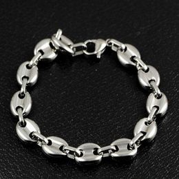 8 66'' 10mm wide Shiny coffee beans Link Chain Bracelet stainless steel Silver for Men259n