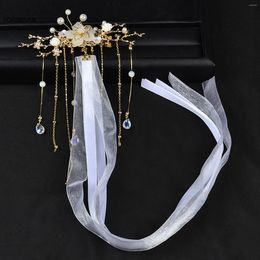 Hair Clips Vintage Chinese Hairpins With Long Ribbon Hairclips Tassel Beads Headwear For Women Girls Flower Headpieces Jewelry