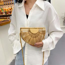 Evening Bags Bamboo Woven Box Phone For Women Fashion Hollow Out Pearl Chain Shoulder Bag Summer Small Rattan Beach Crossbody