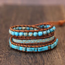 Bracelets Unique Mixed Natural Stone Bracelet Vintage Leather Wrap Bracelet Dropshipping glass beads Handmade women Wrap Bracelet