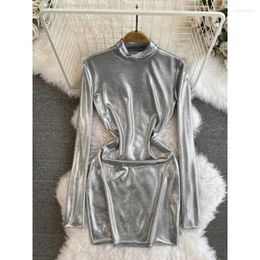 Casual Dresses Spring Autumn Women's Dress Korean Style Sexy Silver Half High Collar Long Sleeve Chic Mini Party Club Wear For Ladies