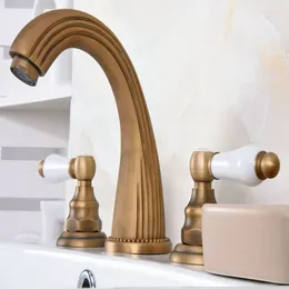 Bathroom Sink Faucets Vintage Retro Antique Brass Deck Mounted Dual Handles Widespread 3 Holes Basin Faucet Mixer Water Taps Aan070