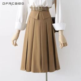 Dresses Khaki Summer Midlong Women Pleated Skirt with Belt 2021 High Waist Korean Style Loose Casual Big Swing Saias Female