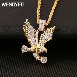 WENDYFO High Quality Eagle Pendant Necklace Men Gold Colour Charm Chain Necklaces Punk Zircon Rapper Fashion Hip Hop Jewellery Gift Y281Z