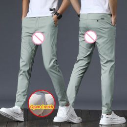 Pants Fashion Men Open Crotch Pants Sexy Sport Hidden Zippers Korean Elastic Gay Hot Crotchless Trousers Adult Toy Pockets Streetwear