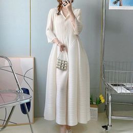 Casual Dresses Miyake Pleated Cardigan Single Breasted Flower Bud Long Dress Women 2024 Spring Abaya Elegant Causal Loose Plus Size Clothes