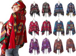 Women Bohemian Collar Plaid Hooded Blanket Cape Cloak Poncho Fashion Wool Blend Winter Outwear Shawl Scarf DDA7553050195