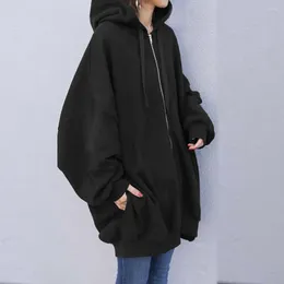 Women's Hoodies Zipper Closure Sweatshirt Outwear Stylish Mid-length Hooded Coat With Drawstring Pockets For Autumn