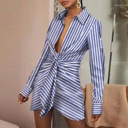 Casual Dresses Office Lady Chic Blue Stripe Print Mini Dress Summer Elegant Women Patchwork Pleated Streetwear Slim Fit Long Sleeve