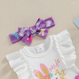 Clothing Sets Baby Girl Easter Clothes Letter Print Sleeve Romper Shorts And Bow Headband Casual Outfit 3Pcs