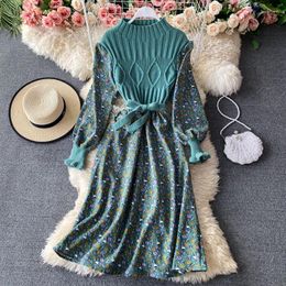 Casual Dresses Elegant Women Floral Print Dress Fashion Korean Half High Collar Puff Sleeve Splice Knit Autumn Vintage Corduroy