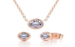 240S Rose Gold Plated Bezel Setting Zircon Pendant Necklace and Stud Earring Jewellery set For Women Russian Gold High Quality3068334