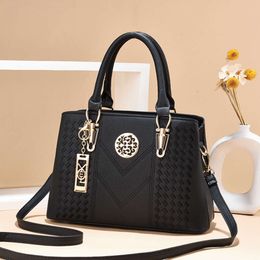 Strip Embroidery Satchel Bag Metal Decor Double Handle Bag Stylish Shoulder Office Work Purse