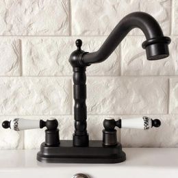 Bathroom Sink Faucets Black Oil Rubbed 4" Centerset Brass Kitchen Vessel Two Holes Basin Swivel Faucet Dual Handles Water Tap Ahg070