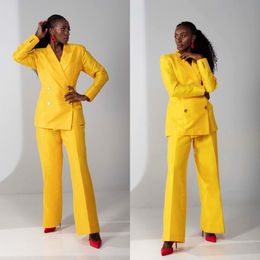 Yellow Women Pants Suits 2 Pieces Custom Made Double Breasted Mother Of Bride Blazer Jacket Guest Wear Loose Pants