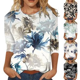 Women's T Shirts Vintage Floral Print 7/10 Sleeve Crew Neck Shirt Top Workout For Women