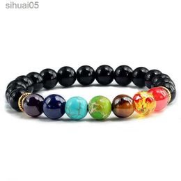 Beaded 7 Chakra Natural Stone 8mm Beads Bracelet Men Onyx Tiger Eye Lava Energy Bracelet Reiki Healing Yoga Buddha Jewellery For Women YQ240226