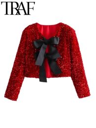 Jackets TRAF GAL 2024 Spring Elegant Bow Women Red Jacket Shining Sequins Long Sleeve Short Coat Casual Cardigan Female Crop Top Y2K