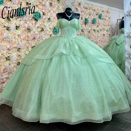 Sage Green Off The Shoulder Ruffles Bow Ball Gown Quinceanera Dress Glitter Crystal Beading Corset Sweet 15 Vestidos De XV Anos