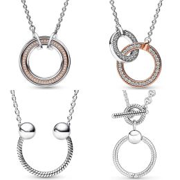 Sets Original Signature Two Tone Intertwined Circles & Pave Ushape Necklace For Europe 925 Sterling Silver Bead Charm DIY Jewelry