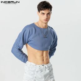 Mens Hoodies Backless O-neck Long Sleeve Male Crop Tops Streetwear Solid Pleated Fashion Casual Sweatshirts INCERUN S-5XL240226