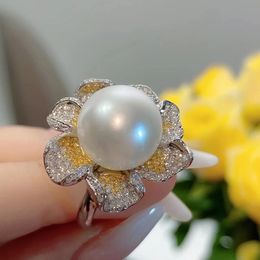 New French style pearl flower diamond ring luxury high-end designer women Shining Crystal High Grade Love Rings Party Jewellery Gift