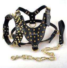 Black Spiked Dog Collars Studded Leather Dog Pet Pitbull Harness Chest 26quot34quot Collar Leash Set For Medium Large Dogs 2907367