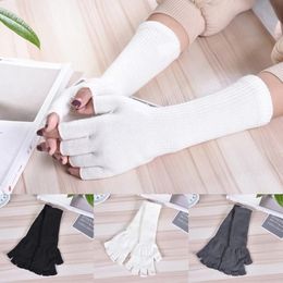 Five Fingers Gloves Long Knitted Half Finger Women Girls Spring Autumn Winter Arm Warmers Pure White Black Gray Elbow279G