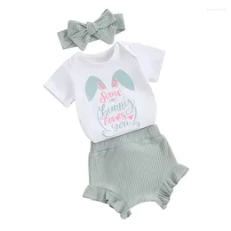 Clothing Sets Baby Girl Easter Outfits Letter Print Short Sleeve Rompers Bobbles Shorts Headband 3Pcs Summer Clothes Set