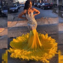 Prom Dress Crystal Spaghetti Straps Yellow Mermaid Party Feathers Backless Vestidos De Graduacion Gowns