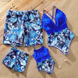 Family Matching Outfits Pa Family Matching Outfits Swimsuits Palm Leaves Print Blue One-piece Swimsuit