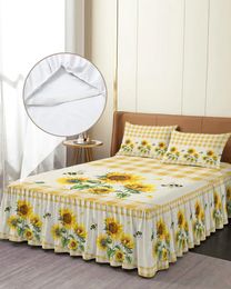 Bed Skirt Sunflower Watercolour Flower Bee Plaid Elastic Fitted Bedspread With Pillowcases Mattress Cover Bedding Set Sheet