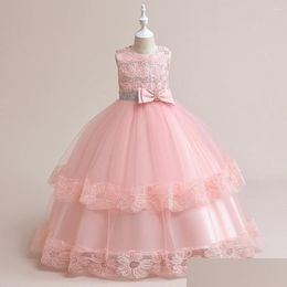 Girl'S Dresses Girl Summer Pink Party Dress For Girls Luxury Wedding Ceremony Kids Ball Gown Handmade Flowers Sequins Teenager 4 To Dhlsn