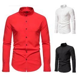 Men Vintage Ruffles Stand Collar Shirt Casual Long Sleeve Wedding Prom Banquet Dress Shirts 240223