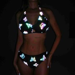 Women's Swimwear Swimwear Butterfly Dazzling Reflective Europe And The United States Foreign Trade Sexy Strap High Waist Split 240226