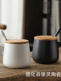 Mugs Short Big Belly Wooden Handle Cup Creative Ceramic With Lid Spoon Water Coffee Gift Box Set Mug