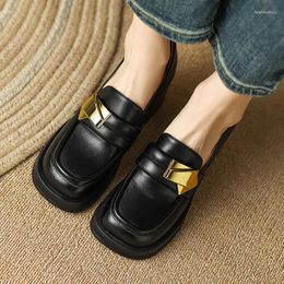 Dress Shoes Black Real Leather Women Pumps Shallow Spring Square High Heels Working Stilettos Gold Metal Buckle Brown Zapatos Femmes