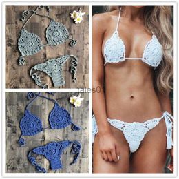 Women's Swimwear Swimwear H80 S90 Single Layer Handmade Crochet Women Sexy Female Knit Bra Tie Side G-String Thong 240226