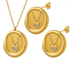 Necklace Earrings Set JINHUI Irregular Heart Shaped Round Pendant Zircon Inlaid Earring 18 K Gold Plated Stainless Steel Women's Jewelry