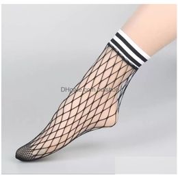 Socks Hosiery Fishnet Anklet Fashion Womens Big Net Mesh Striped Crew Cuff Ankle Short Stockings Black White Drop Delivery Apparel Dhgat