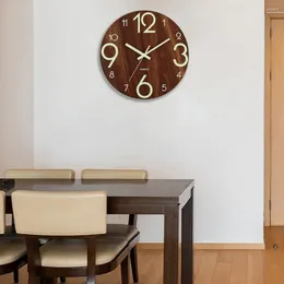 Wall Clocks 12 Inch Wooden Clock Glow-in-the-Dark Dark Brown MDF White Numbers Silent Home Decoration Modern