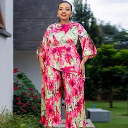 Ethnic Clothing African Clothes For Women Spring 2024 Elegant 3/4 Sleeve Polyester Print Top Pleated Pant Matching Sets Dashiki Africa