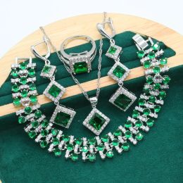 Sets Classic Green Topaz Bride 925 Silver Jewelry Set for Women Wedding Bracelet Long Earrings Ring Necklace Pendant Gift Box