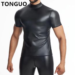 Men Stand Collar T-Shirt Faux Leather Short Sleeve Tops Slimming Shirt Body Shaper Waist Trainer Leather Shapewear Underwear 240220