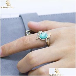 Cluster Rings Retro Sier Feather Turquoise Ring Europe And America Fashion Engagement Rings For Women Wedding Bridal Jewelr Dhgarden Dhjen